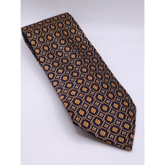 Paco Rabanne Mens Silk Tie Geometric Floral Pattern Navy & Gold Made In Italy - Picture 1 of 13